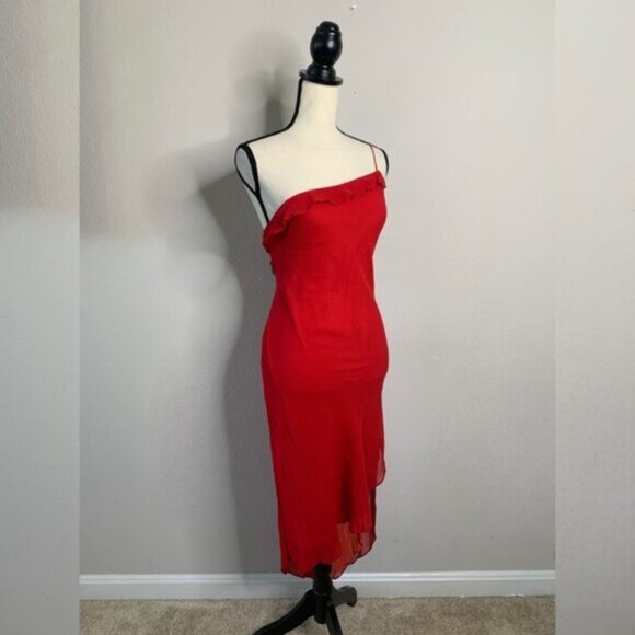 Express Red Silk One Shoulder Asymmetrical Cocktail Midi Dress - Picture 3 of 12